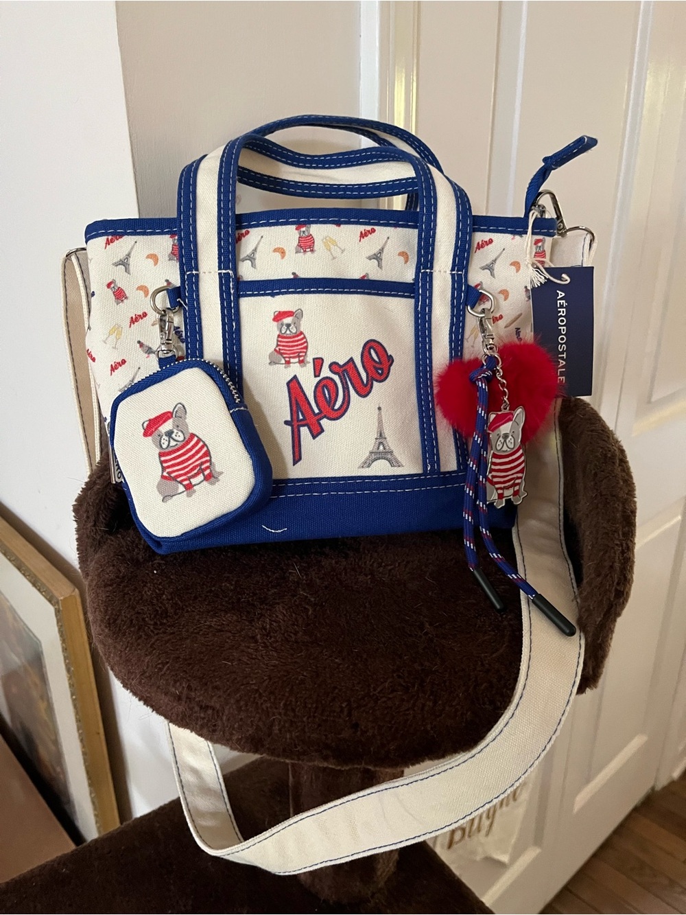 Aéropostale French Bulldog Canvas Tote Bag with Blue Trim and Paris Motif